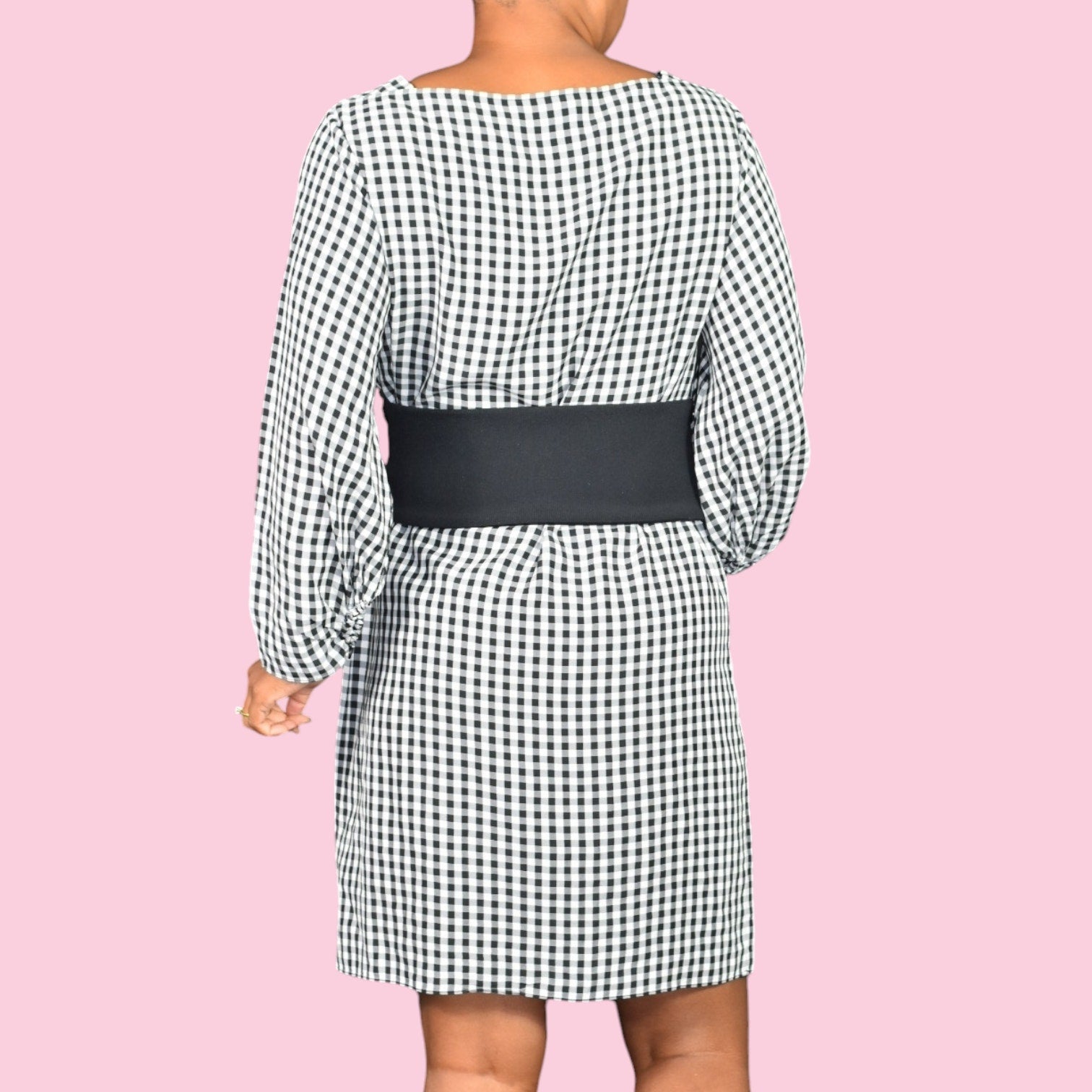 Tibi Gingham Dress Black Corset Belt Check Plaid Shift Long Sleeve Knee Length Size 6