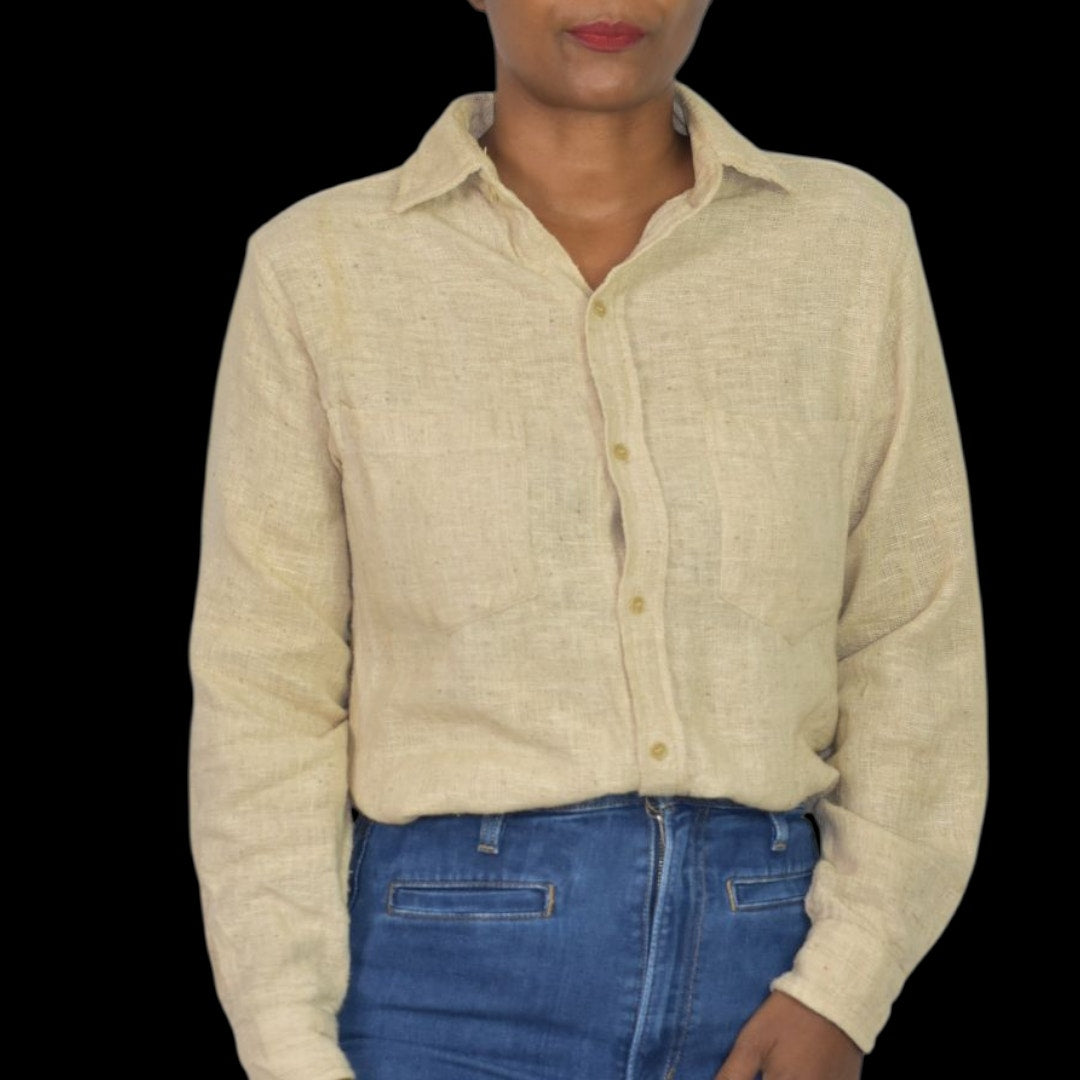 Vintage Cotton Button Down Shirt Tan Oatmeal Woven Gauze India Casual Small Mens