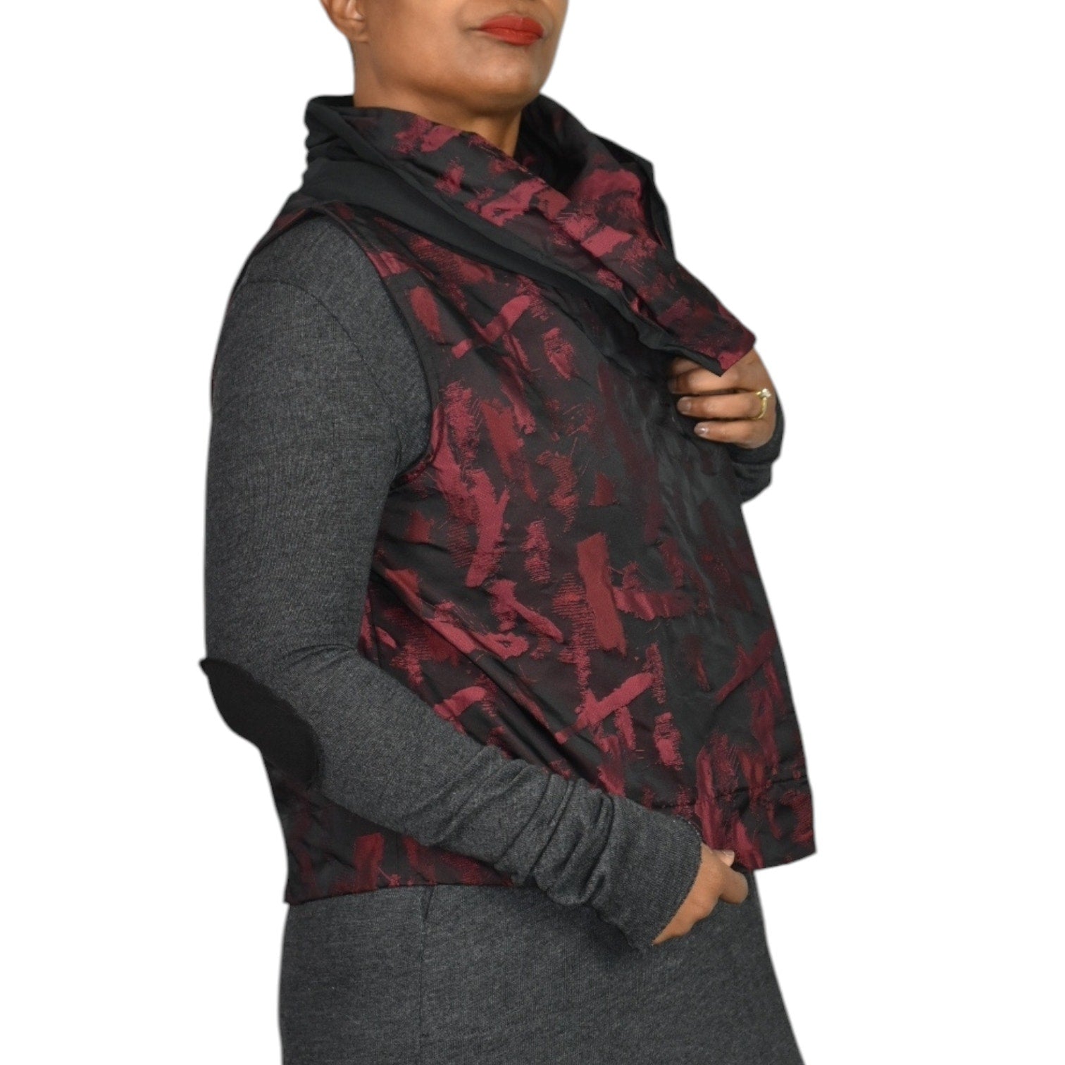 EverySassy Dolcezza Vest Red Burgundy Jacquard Asymmetric Lagenlook Wearable Art Small