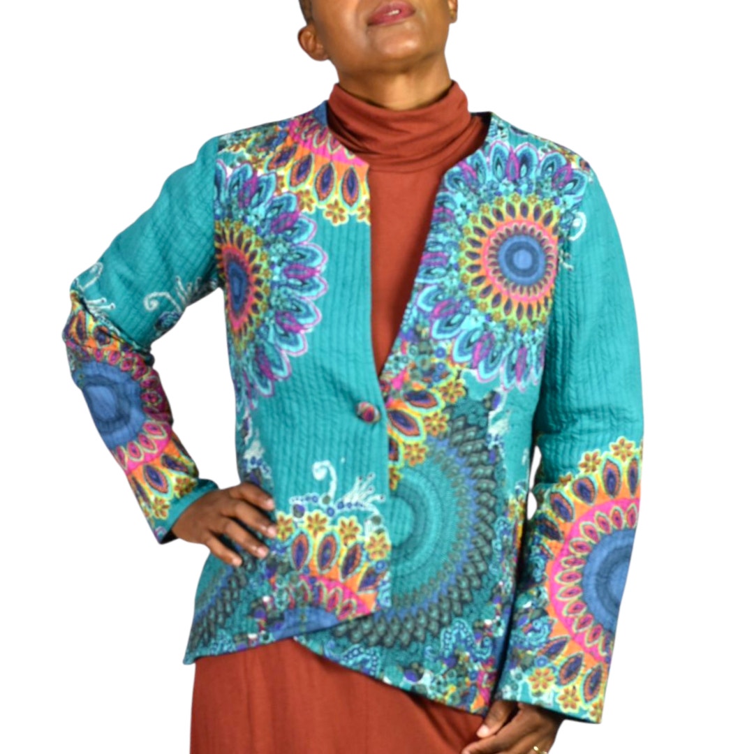 Soft Surroundings Quilted Jacket Green Teal Boho Paisley Floral Cotton Mandala Print Artistic XS