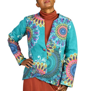 Soft Surroundings Quilted Jacket Green Teal Boho Paisley Floral Cotton Mandala Print Artistic XS