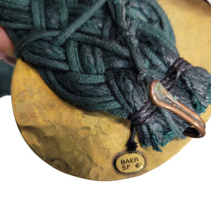 Baer SF Braided Belt Green Leather Mixed Embellished Media Metals Discs Arty Bohemian Handmade