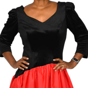 Vintage 80s Black Velvet Dress Red Taffeta Asymmetrical Ruffle Tiered Stretch Handmade Large