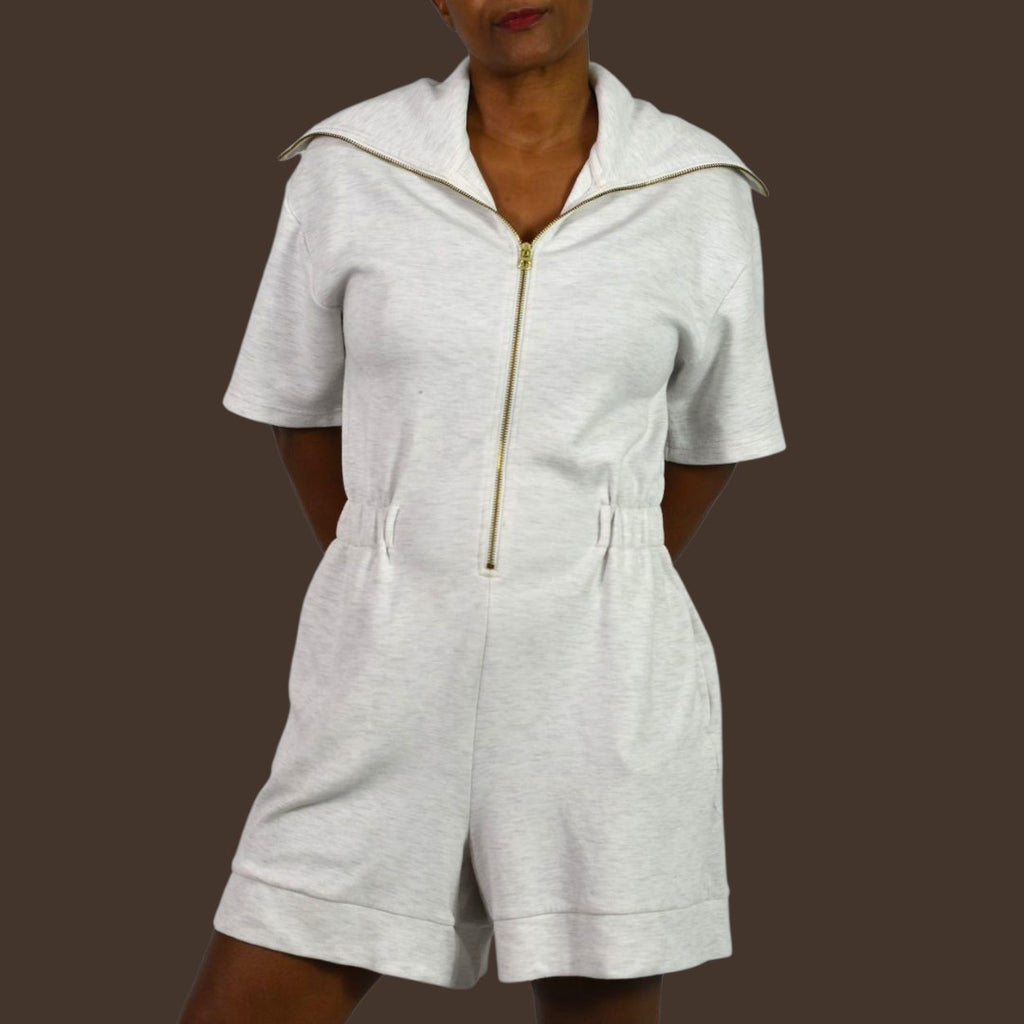 Varley Caldwell Playsuit Romper Light Grey Front Zipper Wide Collar Shorts Small