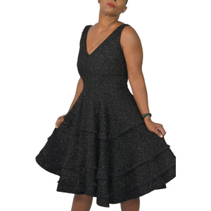 Abbey Glass Black Dress Tweed Boucle Textured Sparkle Shimmer Fit And Flare Tiered Full Midi Swing Knit Size 4