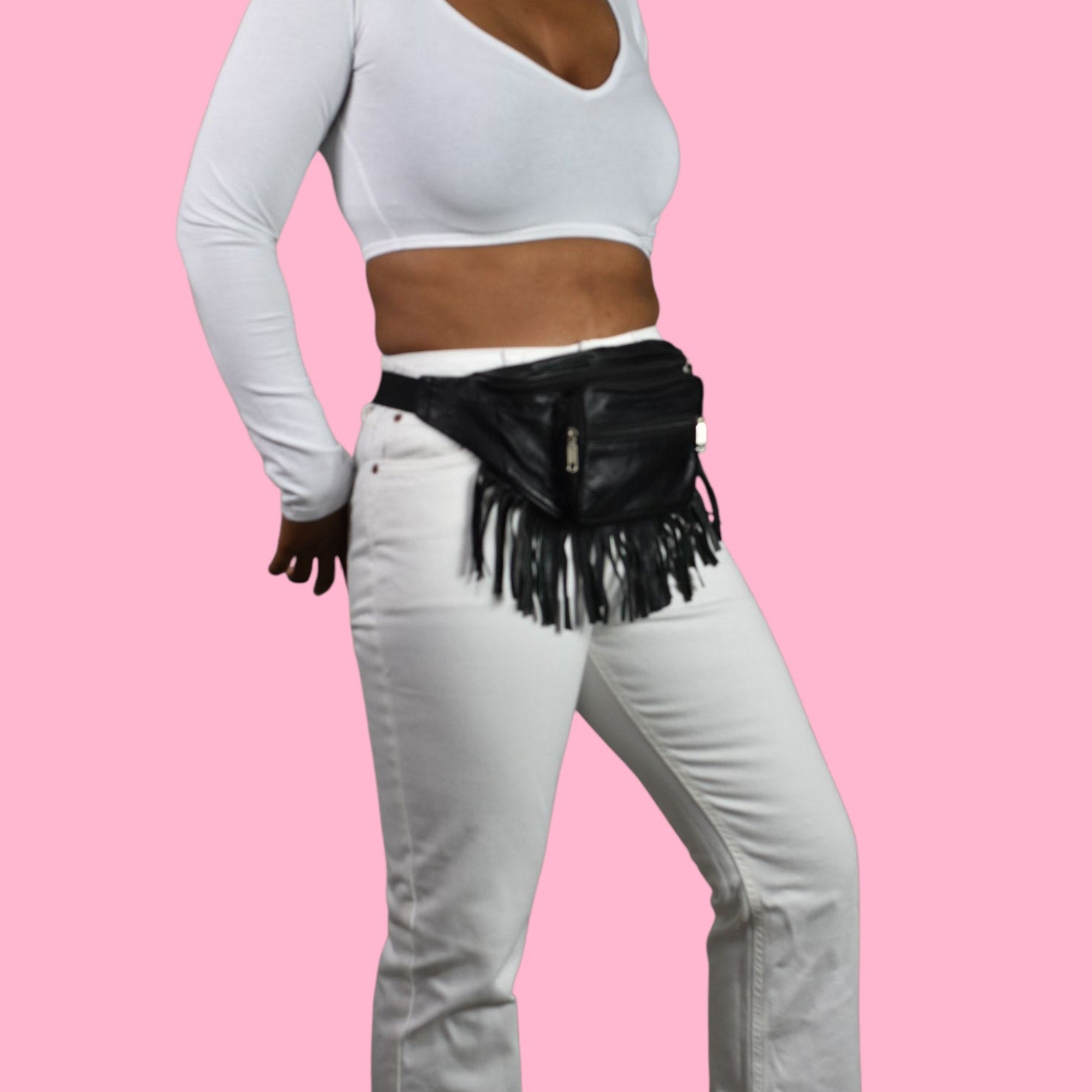 Leather Fringe Fanny Pack Black Adjustable Bum Belt Waist Pouch Retro Sling Waist Bag Unisex