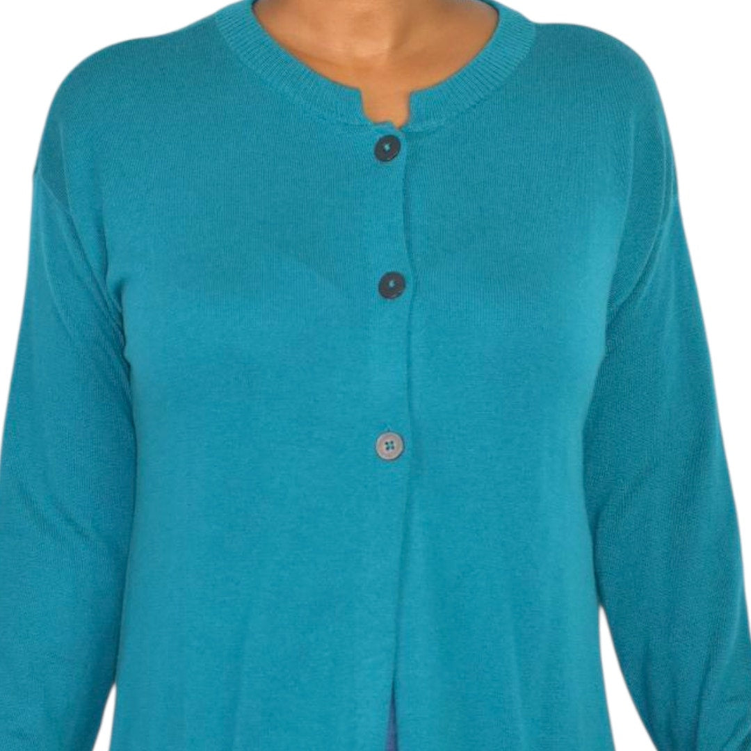 J Jill Longline Cardigan Sweater Green Teal Blue Long Duster Knit Classic Medium