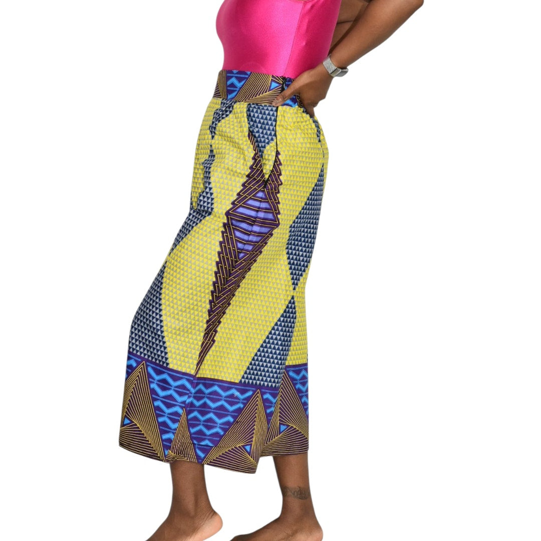 Grass Fields Ankara Wide Leg Crop Pants Yellow Culottes Gaucho African Print Small Medium