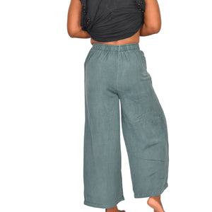 Young Fabulous Broke Cove Pant Green YFB Front Slits Crop Flare High Waist Washed Linen XS