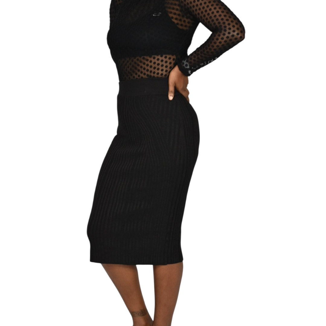 French Connection Jolie Knit Skirt Brown Stretch Pencil Midi Ribbed Texture Knee Length 2