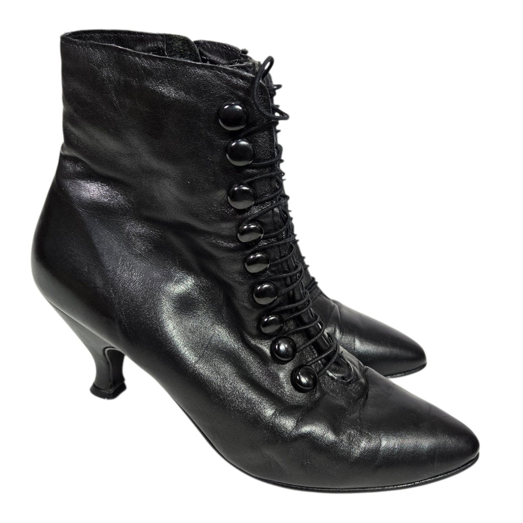 Vintage Poppies Leather Granny Boots Black Victorian Ankle Booties Pointy Toe Kitten Heels Button 7.5