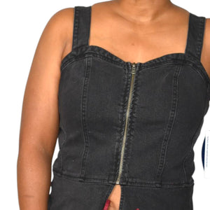 Scoop NYC Denim Bustier Black Corset Tank Top Zip Front Stretch Sweetheart Front Slit Medium