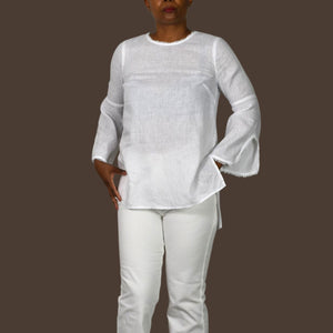 J Jill White Linen Tunic Top Bell Sleeve Boxy Relaxed Casual Slit Lightweight XS