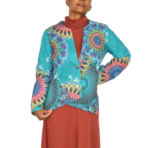 Soft Surroundings Quilted Jacket Green Teal Boho Paisley Floral Cotton Mandala Print Artistic XS