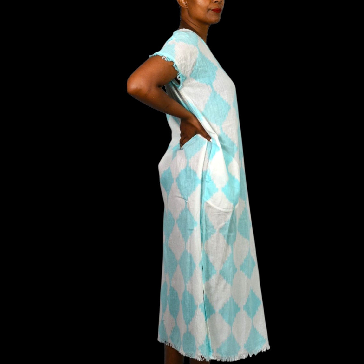 Lula Soul Cotton Caftan Blue Diamond Print Fringe Lightweight Dress Maxi Slits Cover Up Tunic XS