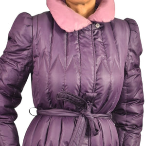 Vintage Quilted Puffer Coat Purple Duck Goose Down Long JayWear Originals Midi 80s Puff Sleeves Belted Winter Small