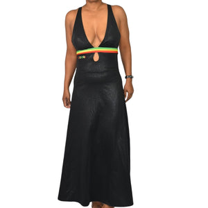 Coogi Rasta Maxi Dress Black Y2K Monogram Halter Low Cut Retro Halter Logo Size Small