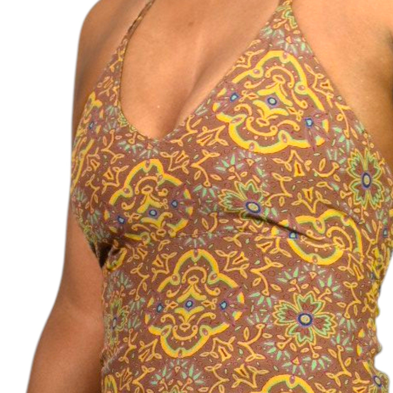 Vintage Gap Halter Dress Brown Mandala 90s Grunge Long Maxi Rayon Block Print Small