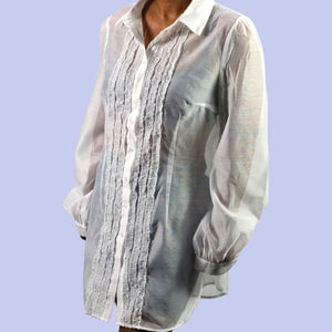 Sugar Thrillz Totally Paused Sheer Top Ruffles Collared Long Button Front Tuxedo Shirt Blouse XXL