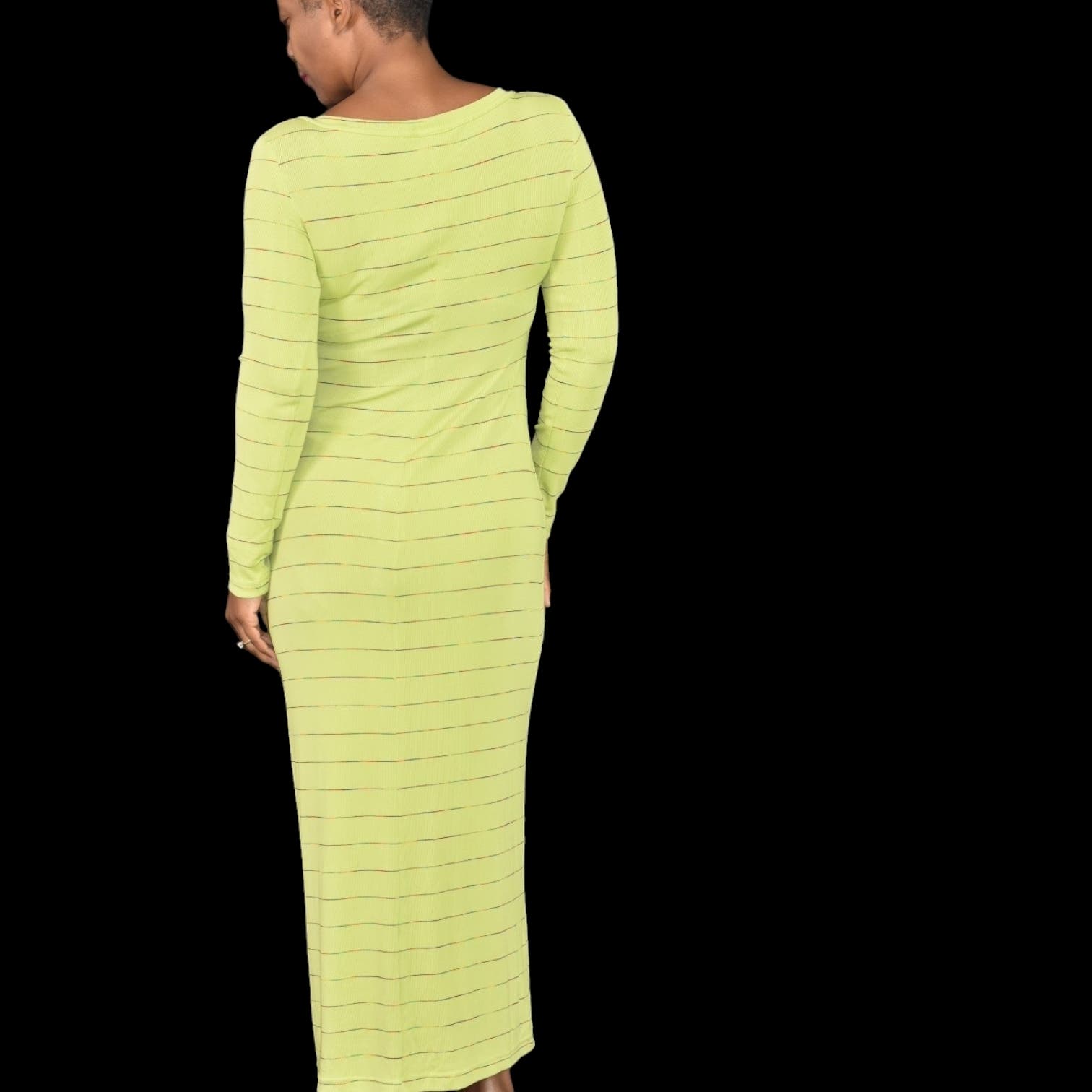 Vintage Dennis Goldsmith Maxi Dress Green Chartreuse Ribbed Jersey Rainbow Stripe Stretch Size Medium