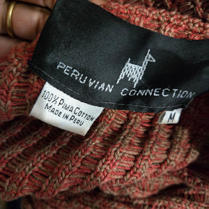 Vintage Peruvian Connection Sweater Russet Brown Pima Cotton Woven Cardigan Medium