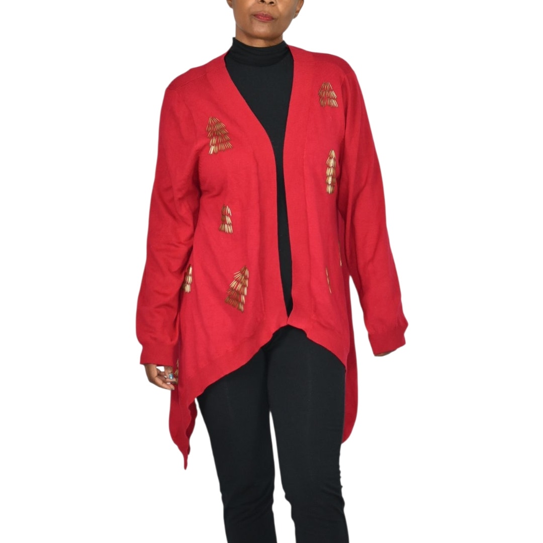 Michael Simon Cardigan Sweater Red Duster Beaded Christmas Trees Asymmetric Cotton Plus 1X