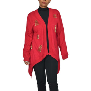 Michael Simon Cardigan Sweater Red Duster Beaded Christmas Trees Asymmetric Cotton Plus 1X