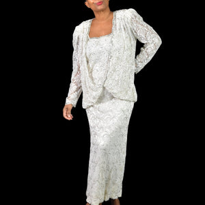 Vintage Beaded Lace Dress White 80s Sequin Long Maxi Blouson Column Handmade Bespoke Shoulder Pads Small