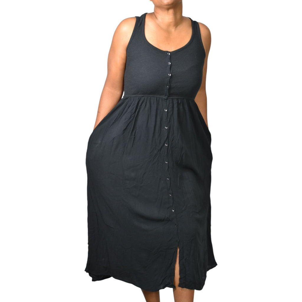 Frye Easy Button Front Dress Black Midi Minimalist Tank Jersey Knit Pockets Rayon XS