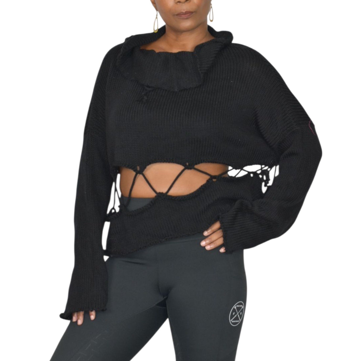 Manuelle Guibal Paris Sweater Black Knit Cropped Cutout Lace Up Long Sleeve Oversized Boxy Large
