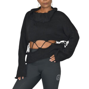 Manuelle Guibal Paris Sweater Black Knit Cropped Cutout Lace Up Long Sleeve Oversized Boxy Large
