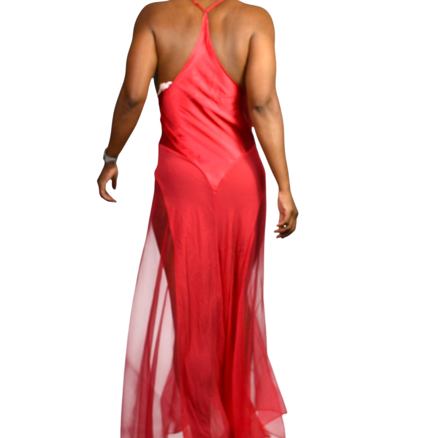 Victorias Secret Red Silk Nightgown Satin Sheer Tulle Chiffon Long Maxi Slip XS