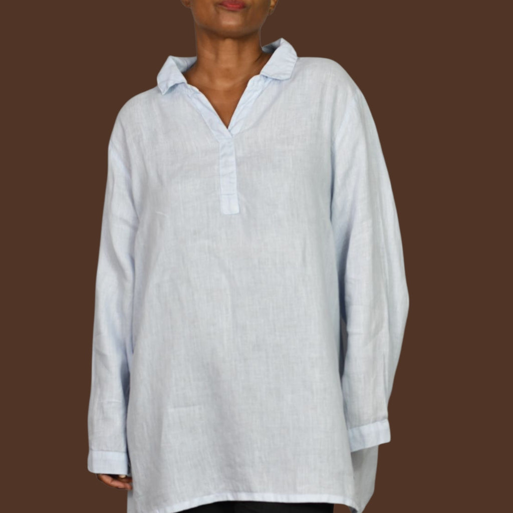 Match Point Linen Tunic Light Blue Collared V Neck Long Sleeve Popover Shirt XL