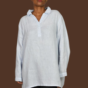 Match Point Linen Tunic Light Blue Collared V Neck Long Sleeve Popover Shirt XL