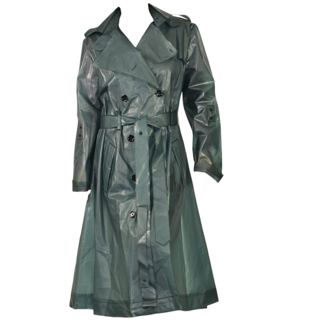 Dorothee Schumacher Techno Transparency Trench Coat Green Teal Vinyl Raincoat Belted Transparent XL