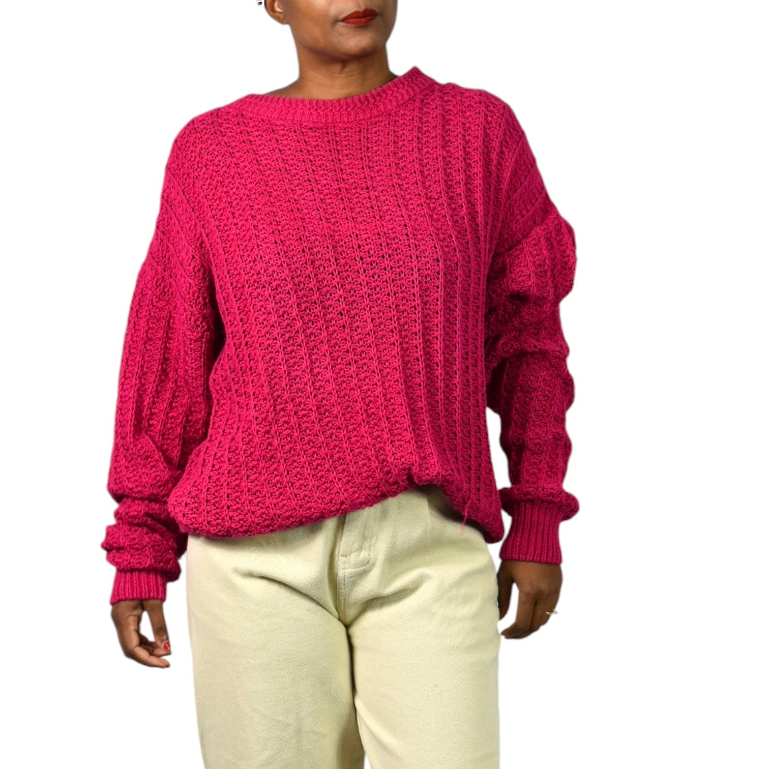 Vintage Cacharel Chunky Sweater Pink Raspberry Pullover Slouchy Cable Knit Crew Size XL