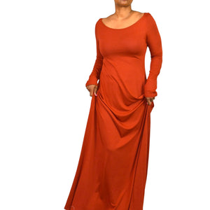 Soft Surroundings Maxi Dress Orange Clay Jersey Long Stretch Fit Flare Boatneck Medium