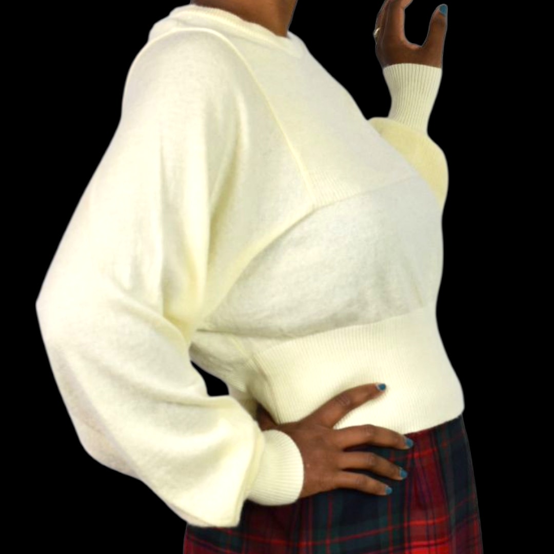 Frenken Rock Knit Top Off White Beige Wool Batwing Drop Sleeve Ribbed Crew Neck Medium