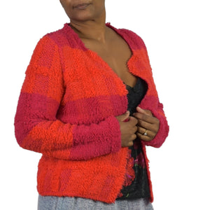 Marc Cain Boucle Sweater Jacket Pink Colorblock Furry Texture Pile Cardigan Wool Alpaca Open Size 6
