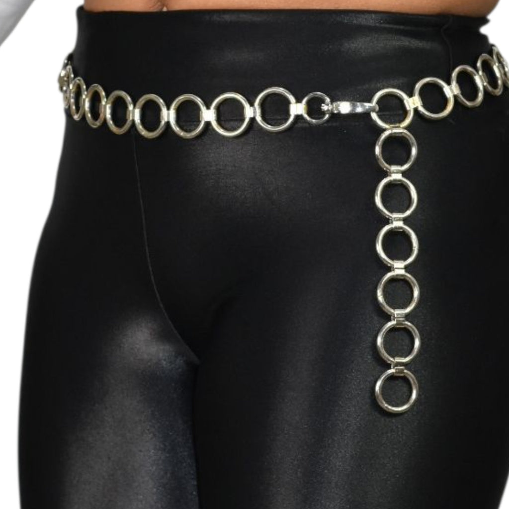 Metal Chain Belt Hoops Loops Circles O Ring Waist Silver Tone One Size Adustable