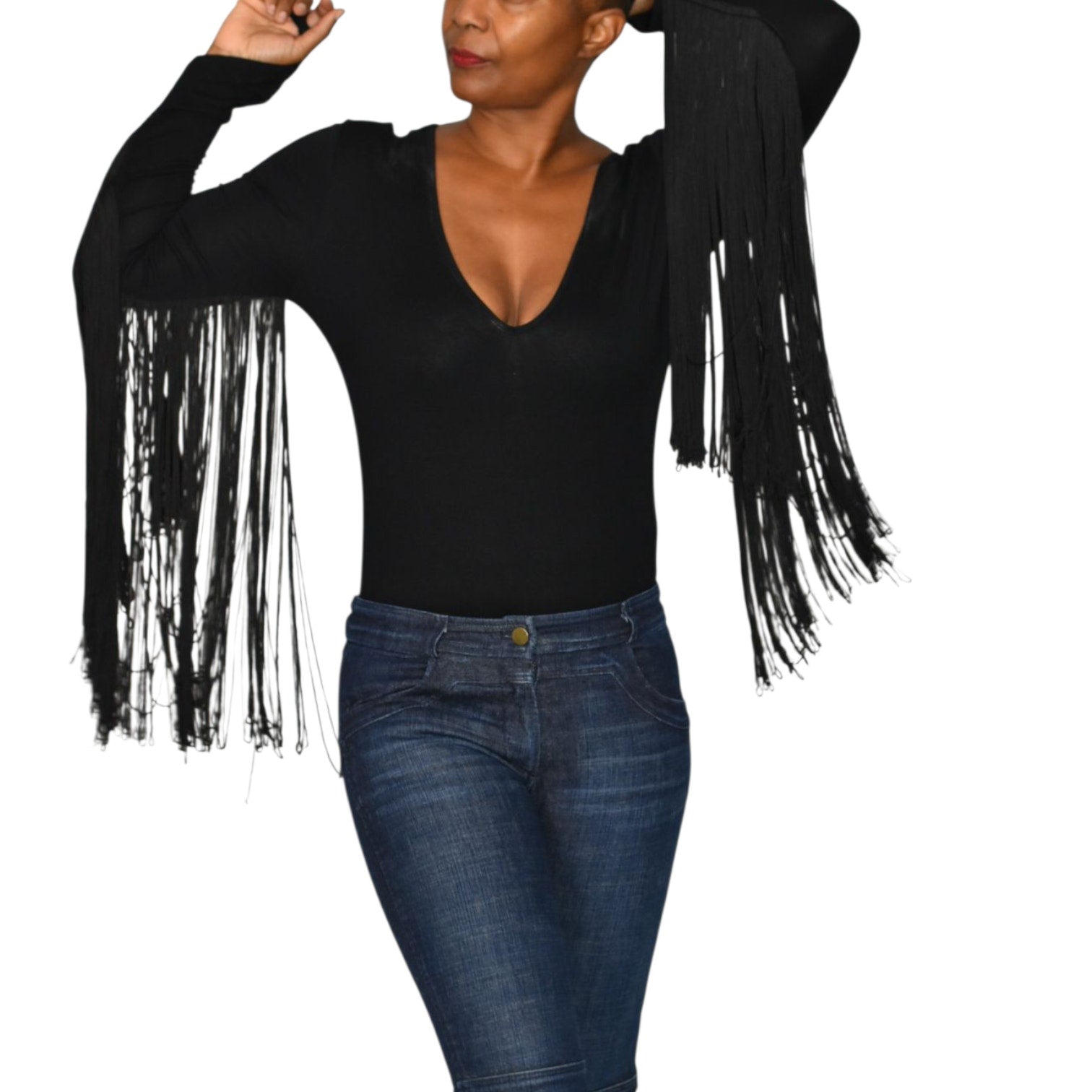 ASOS Fringe Bodysuit Black Plunge V Neck Long Sleeve Top Stretch Statement Blouse 6