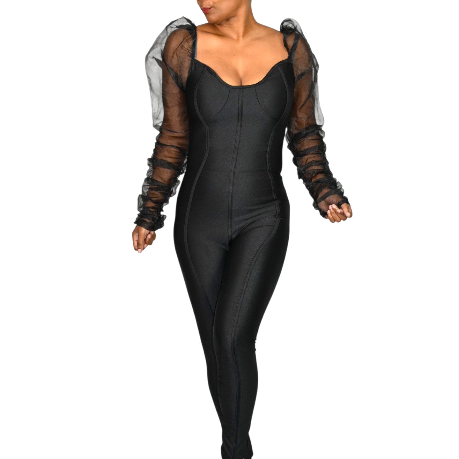 Lips Inc USA Jumpsuit Black Mesh Sheer Chiffon Puff Long Sleeve Bustier Bodysuit Small