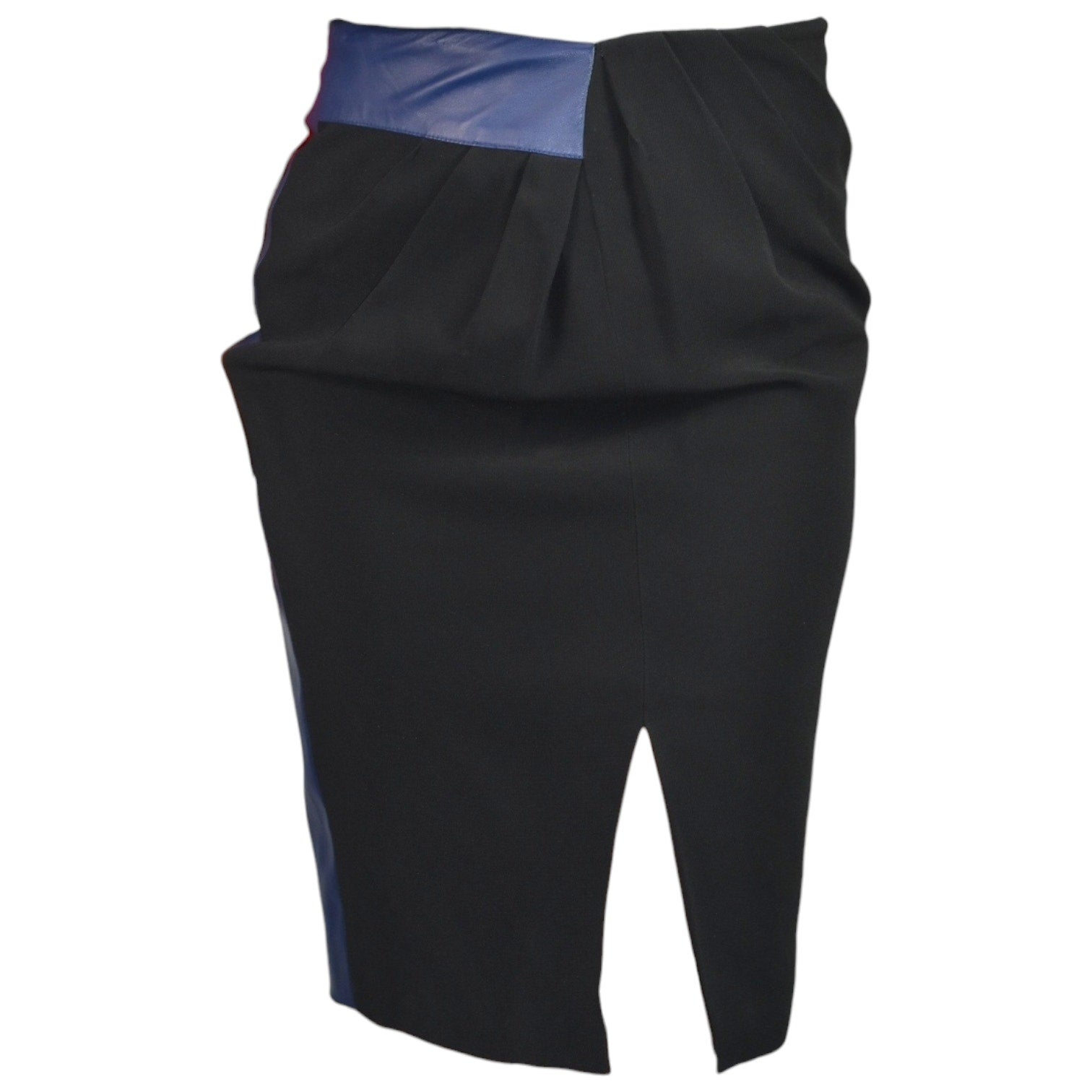 Raoul Two Tone Skirt Blue Leather Black Crepe Pencil High Waist Pleated Slit Small