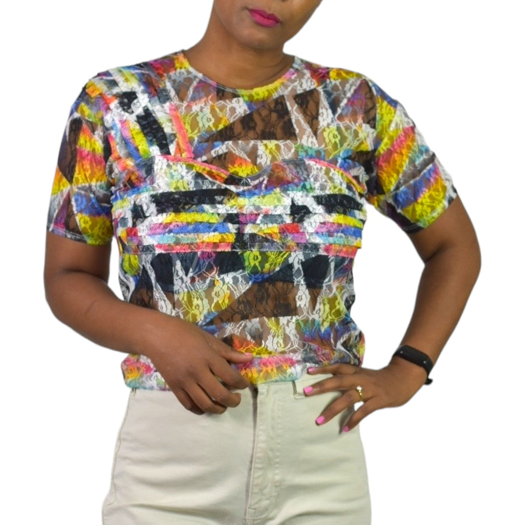 Collina Strada Lace T Shirt White Multicolor Blouse Rainbow Abstract Geo Top Short Sleeves Size Medium