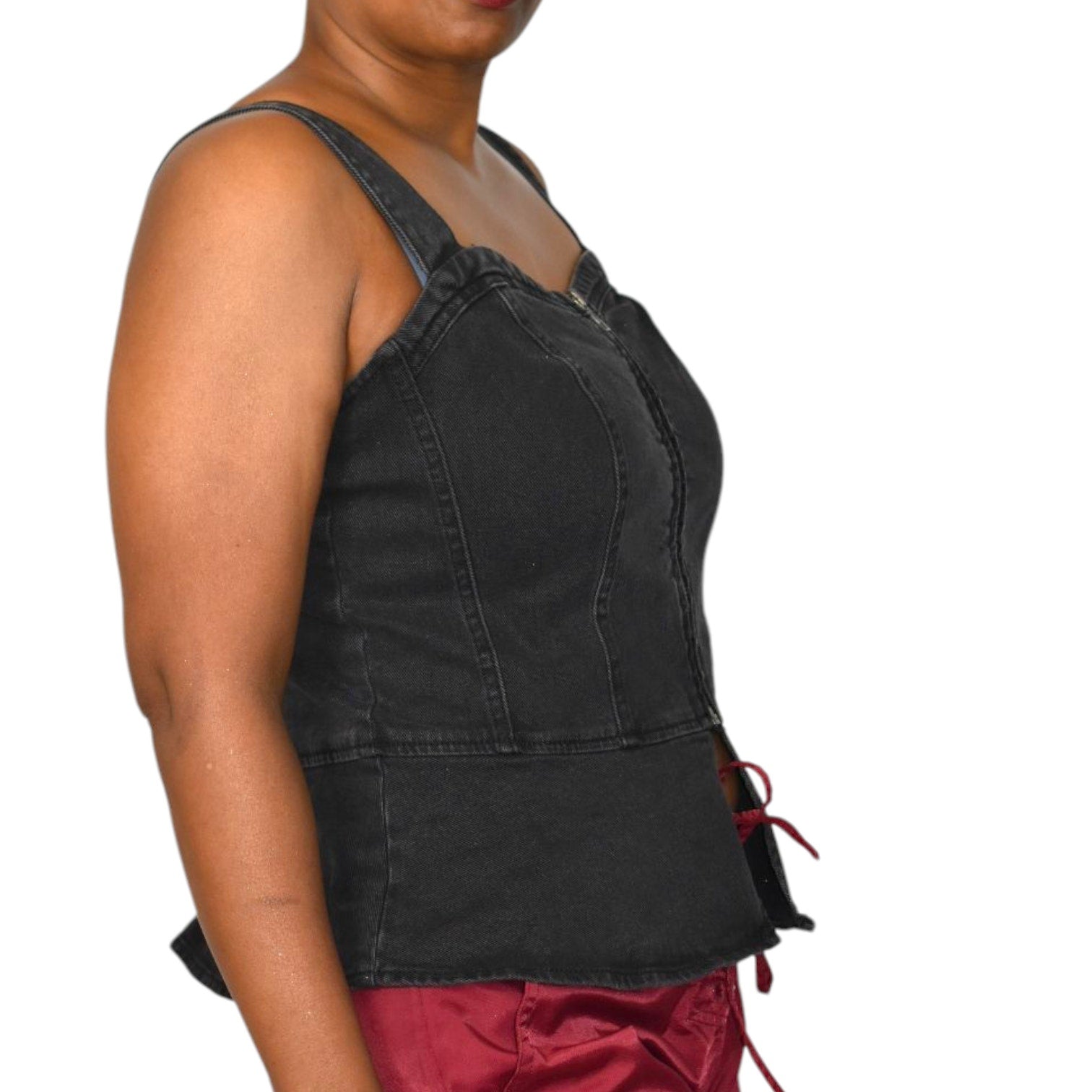 Scoop NYC Denim Bustier Black Corset Tank Top Zip Front Stretch Sweetheart Front Slit Medium