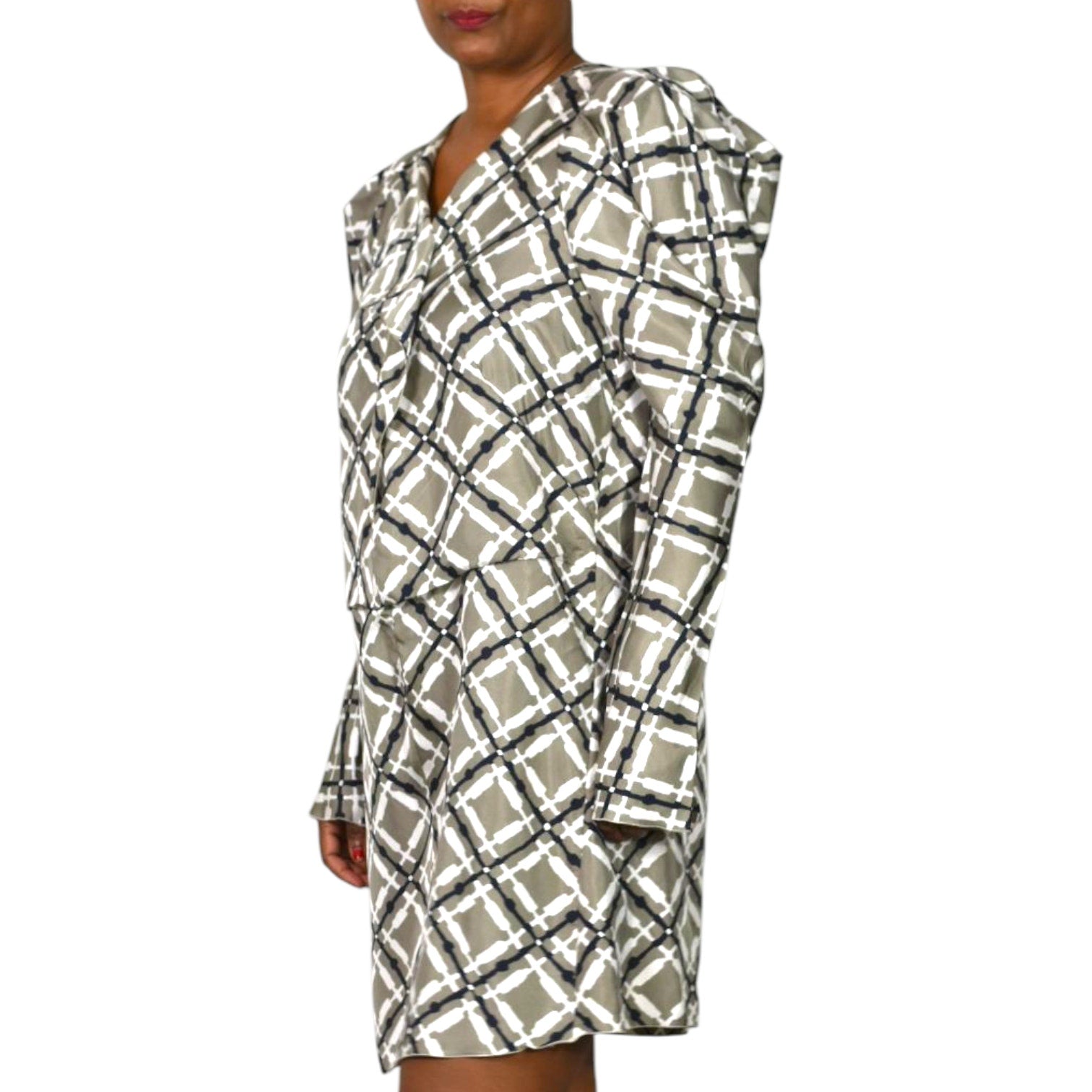 Marni Silk Print Dress Grey Geo Grid Puff Sleeve Origami Folds Sculpted Sheath 40