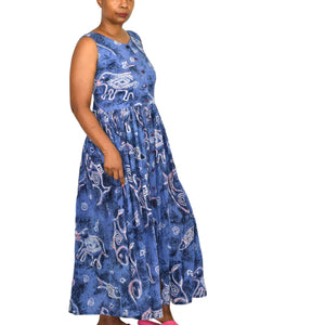 Vintage Jasmine KVM Dress Blue Fish Print Tent Shift Midi Cotton Gauze Airy Open Back Tie Medium