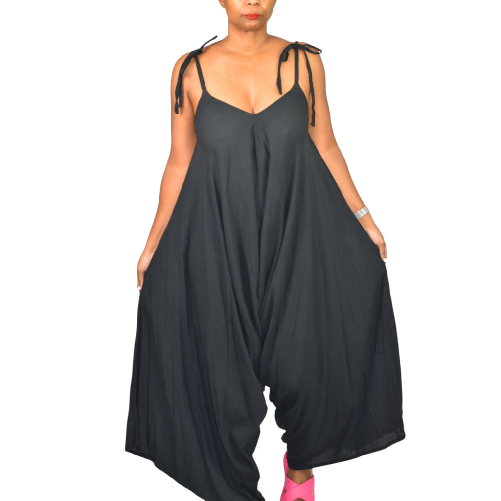 9Seed Bali Draped Jumpsuit Black Crinkled Gauze Sleeveless Harem Romper Drop Crotch Tie Strap Pockets One Size