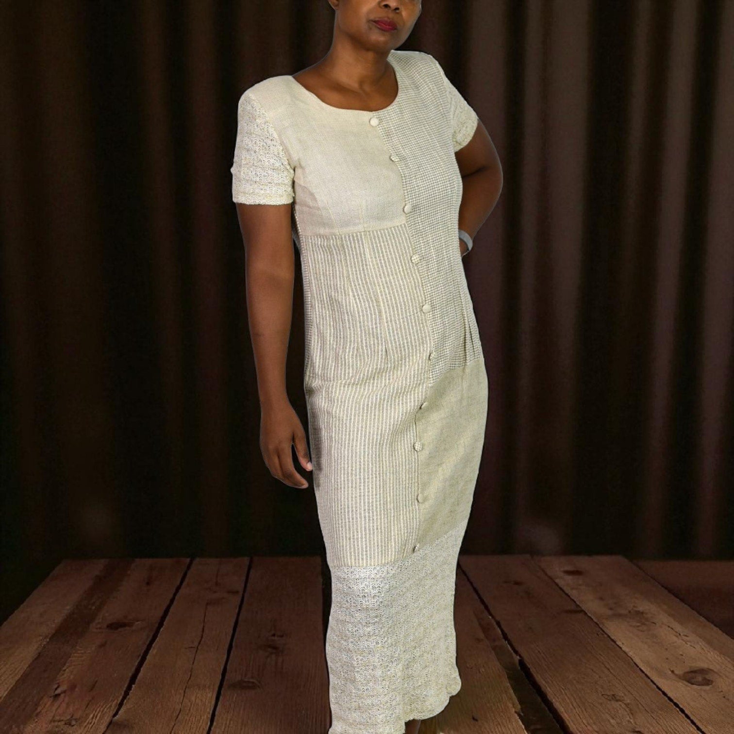KC Spencer Column Straight Midi Dress Tan Mixed Print Checks Gingham Deadstock Long 8