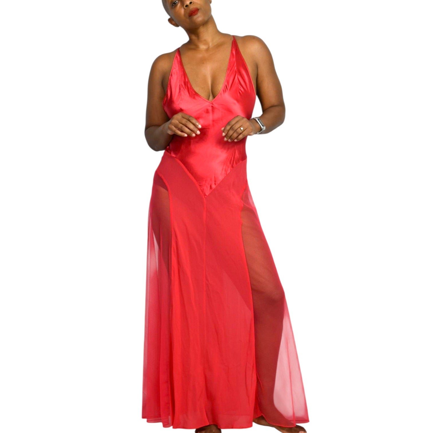 Victorias Secret Red Silk Nightgown Satin Sheer Tulle Chiffon Long Maxi Slip XS
